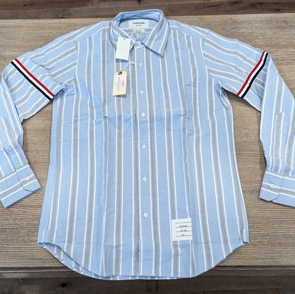 Mens THOM BROWNE Striped LS Sport Shirt Light Blue - Picture 1 of 6